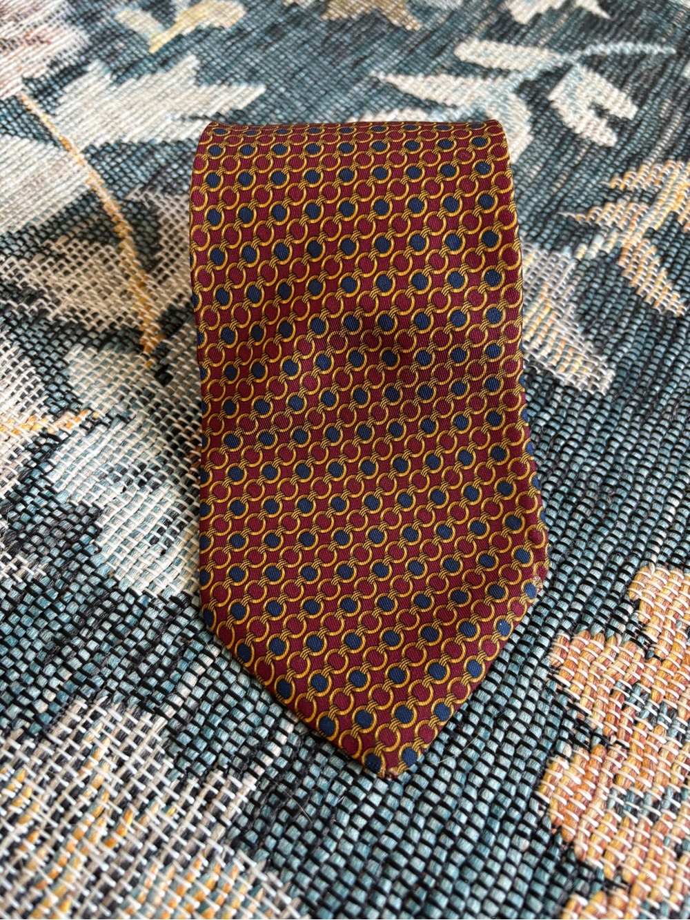 Brooks Brothers Burgundy Silk Tie with Gold and Navy Geometric Chain Details
